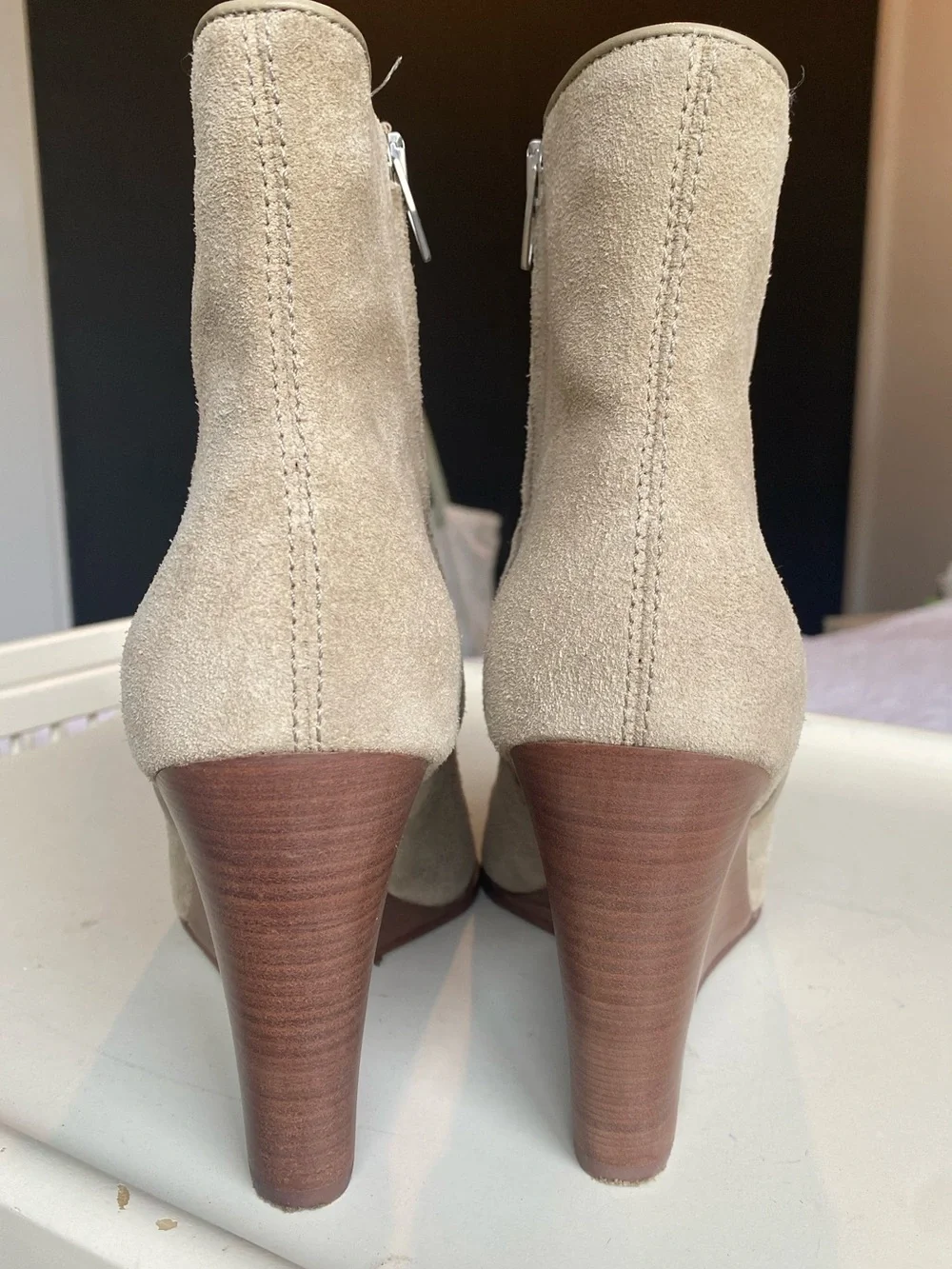 Dolce Vita Susann Wedge Heel Ankle Boot in Almond Suede Square Toe, size 8.5